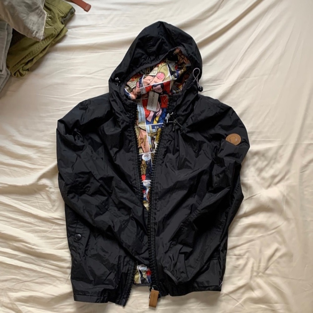 80DB Unique Raincoat with earphones and comic book lining- size small